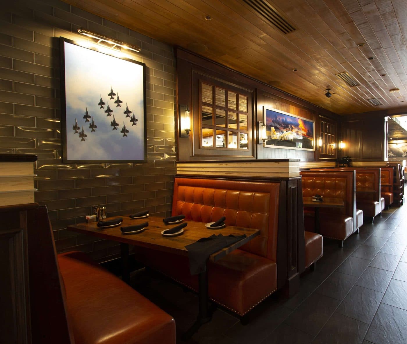 Restaurant dining room with booths